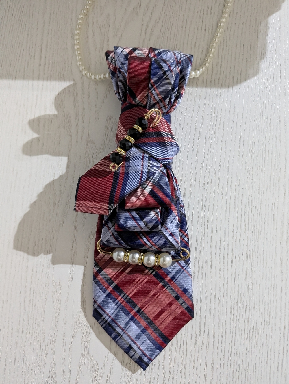Plaid Bow Tie Necklace with Pearl Accent - Red Blue
Handmade